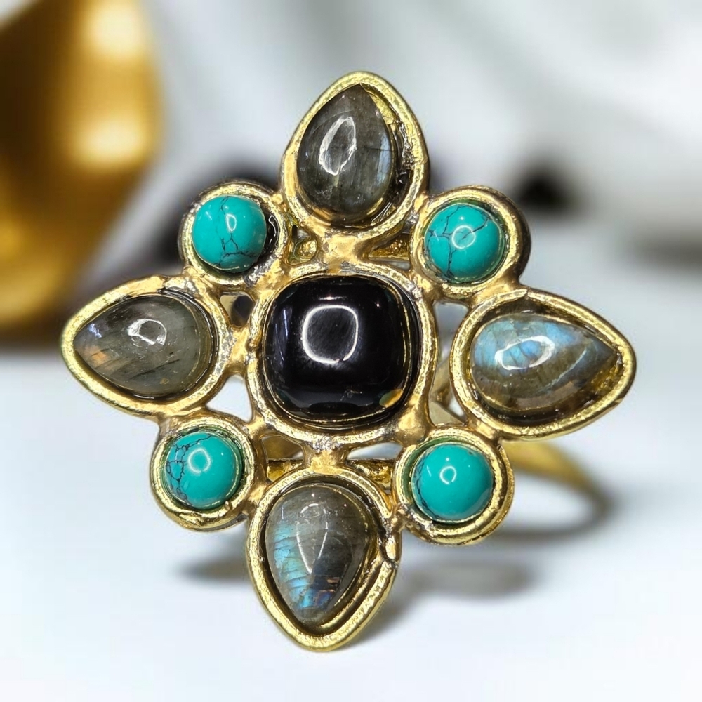 18k Gold Plated Maltese Cross Genuine Turquoise Labradorite Onyx Gemstone Ring - Picture 6 of 6